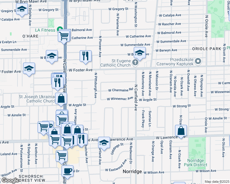 map of restaurants, bars, coffee shops, grocery stores, and more near 8111 West Charmaine Road in Norridge