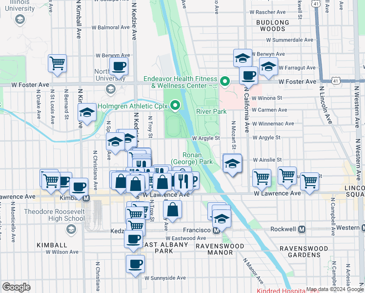 map of restaurants, bars, coffee shops, grocery stores, and more near 4939 North Whipple Street in Chicago