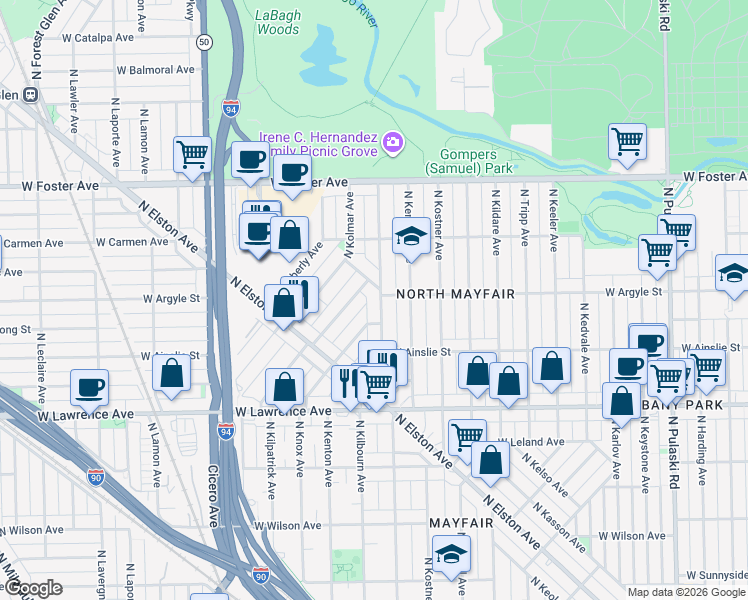 map of restaurants, bars, coffee shops, grocery stores, and more near 4960 North Kilbourn Avenue in Chicago
