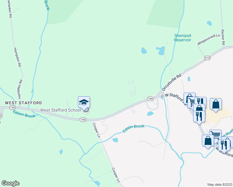 map of restaurants, bars, coffee shops, grocery stores, and more near 133A West Stafford Road in Stafford