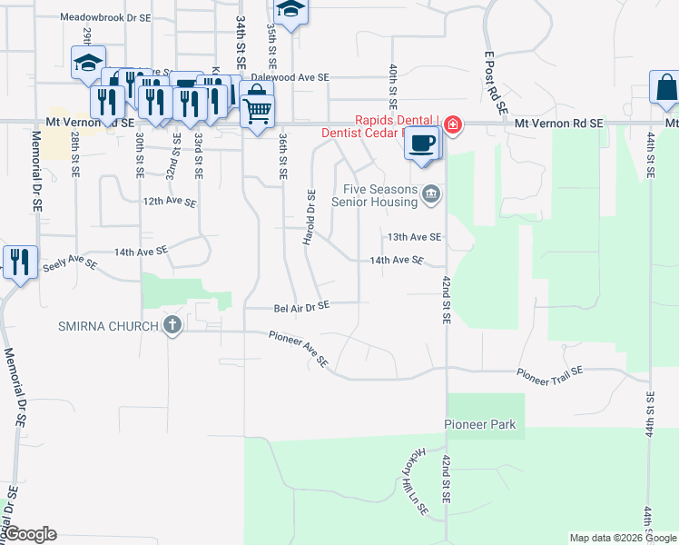map of restaurants, bars, coffee shops, grocery stores, and more near 3648 Harold Court Southeast in Cedar Rapids