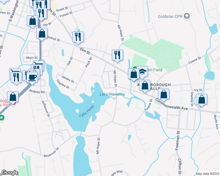 map of restaurants, bars, coffee shops, grocery stores, and more near 6 South Bulfinch Street in North Attleborough