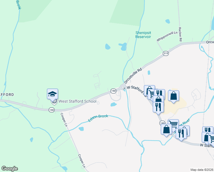 map of restaurants, bars, coffee shops, grocery stores, and more near 117 West Stafford Road in Stafford