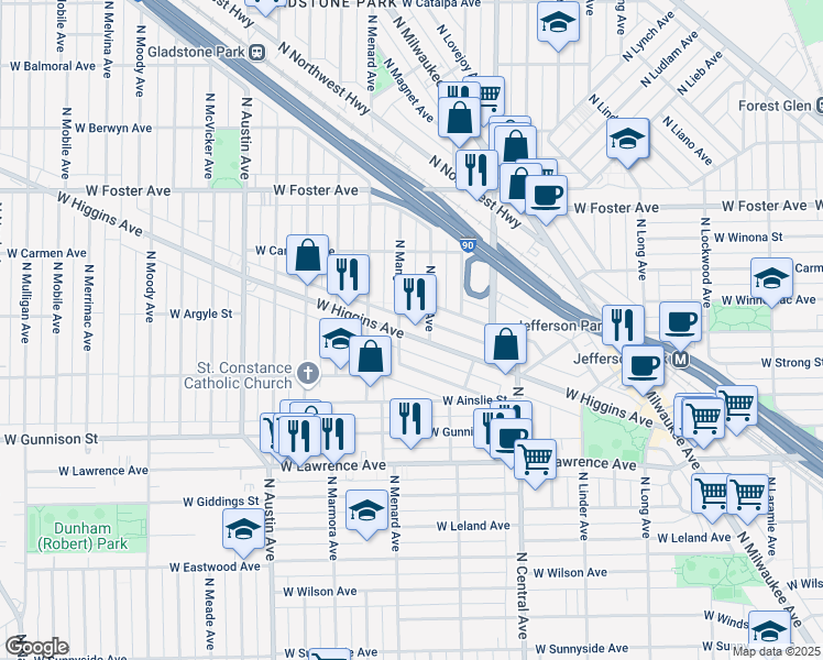map of restaurants, bars, coffee shops, grocery stores, and more near 5712 West Higgins Avenue in Chicago