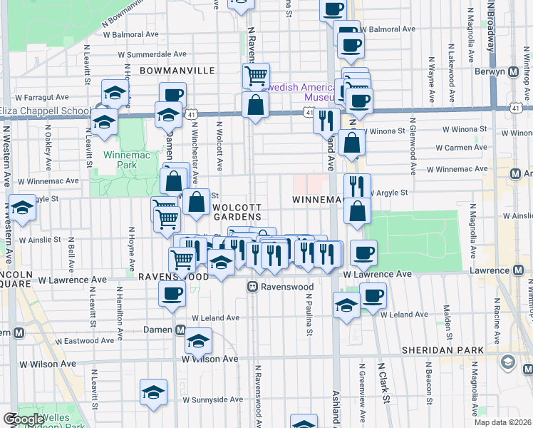 map of restaurants, bars, coffee shops, grocery stores, and more near 1763 West Ainslie Street in Chicago