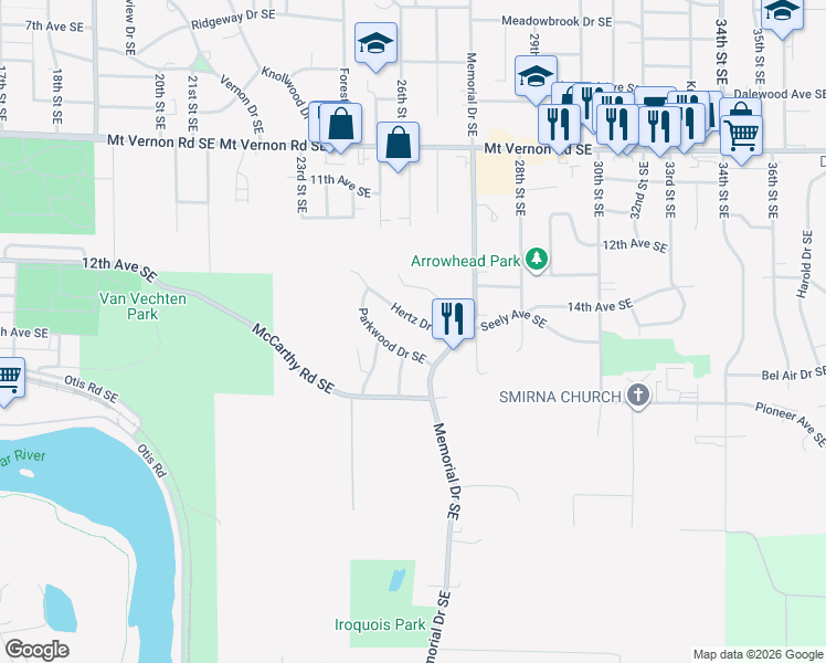 map of restaurants, bars, coffee shops, grocery stores, and more near 1363 Hertz Drive Southeast in Cedar Rapids