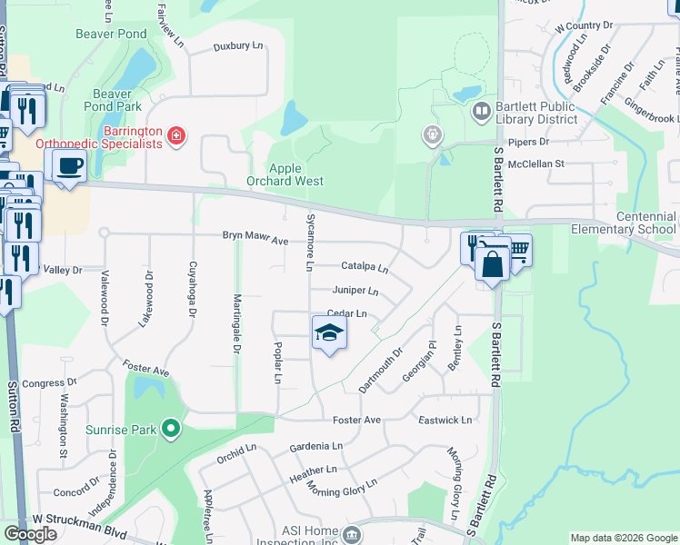 map of restaurants, bars, coffee shops, grocery stores, and more near 673 Catalpa Lane in Bartlett