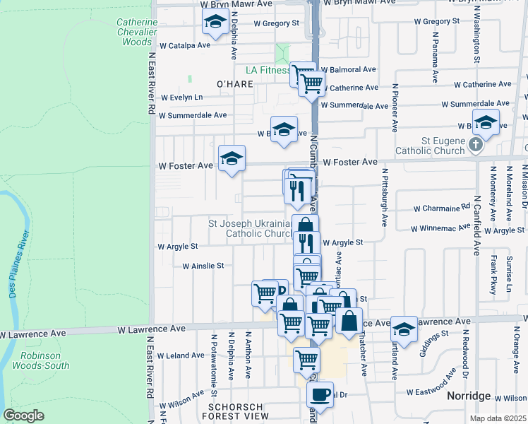 map of restaurants, bars, coffee shops, grocery stores, and more near Carmen Avenue in Chicago