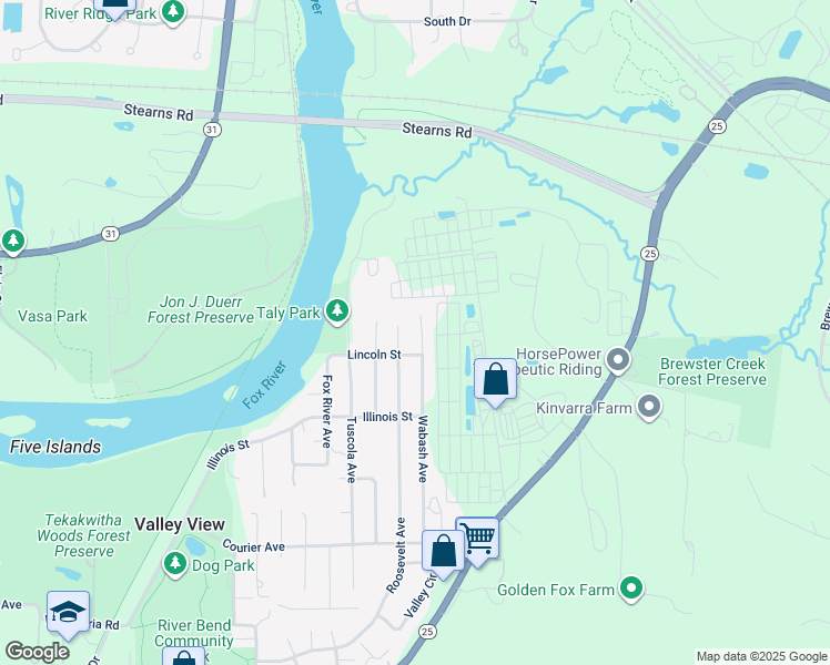 map of restaurants, bars, coffee shops, grocery stores, and more near 7N030 Wabash Avenue in St. Charles