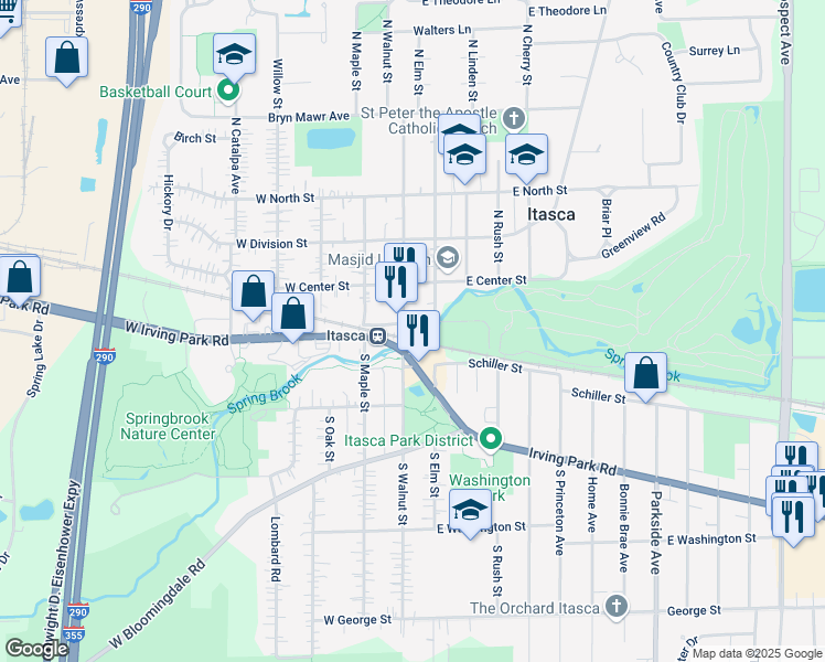map of restaurants, bars, coffee shops, grocery stores, and more near 127 North Walnut Street in Itasca