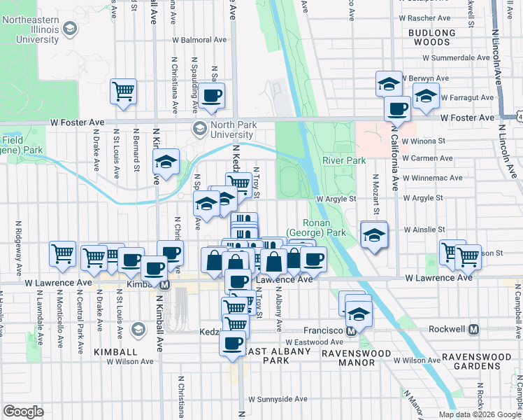 map of restaurants, bars, coffee shops, grocery stores, and more near 4940 North Albany Avenue in Chicago