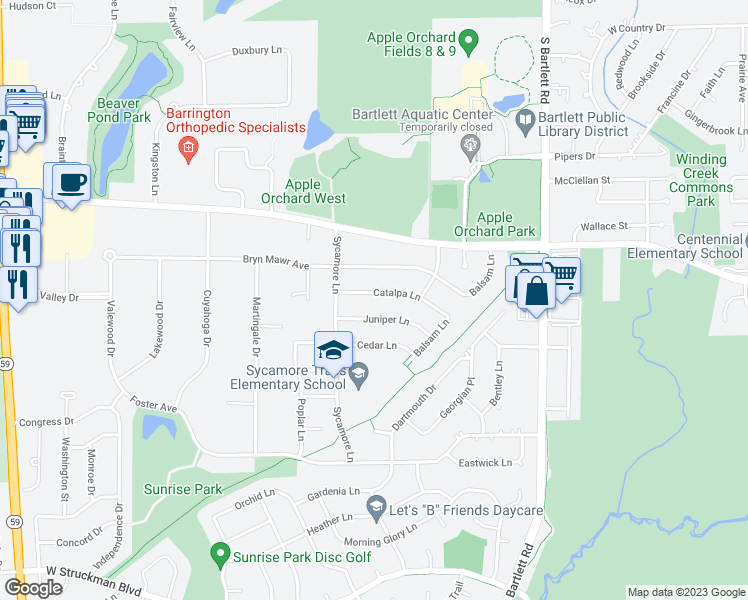 map of restaurants, bars, coffee shops, grocery stores, and more near 673 Catalpa Lane in Bartlett