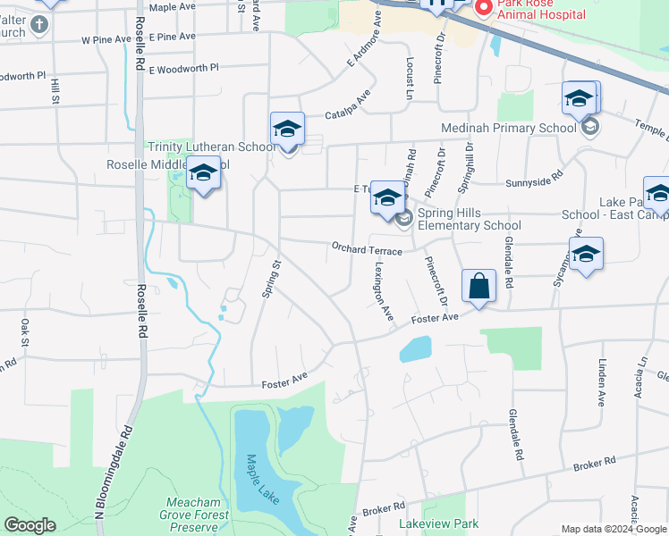 map of restaurants, bars, coffee shops, grocery stores, and more near 613 Banbury Court in Roselle