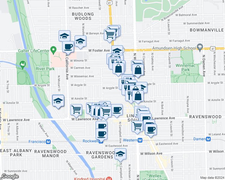 map of restaurants, bars, coffee shops, grocery stores, and more near 2545 West Argyle Street in Chicago