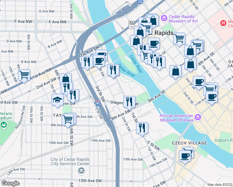 map of restaurants, bars, coffee shops, grocery stores, and more near 116 6th Avenue Southwest in Cedar Rapids