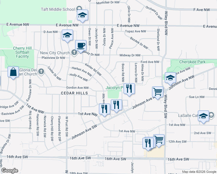 map of restaurants, bars, coffee shops, grocery stores, and more near 4900 Gordon Avenue Northwest in Cedar Rapids
