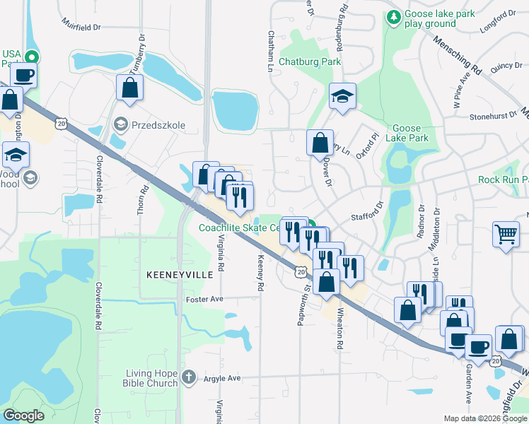 map of restaurants, bars, coffee shops, grocery stores, and more near 1365 Westminster Circle in Roselle