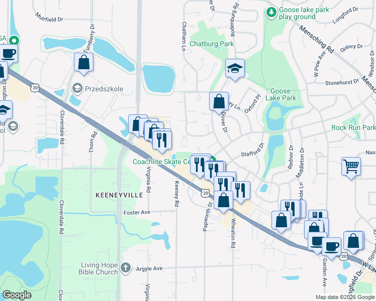 map of restaurants, bars, coffee shops, grocery stores, and more near 1365 Westminster Cir in Roselle