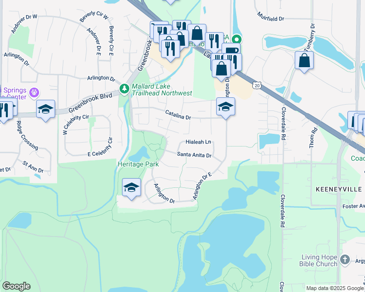 map of restaurants, bars, coffee shops, grocery stores, and more near 1275 Santa Anita Drive in Hanover Park