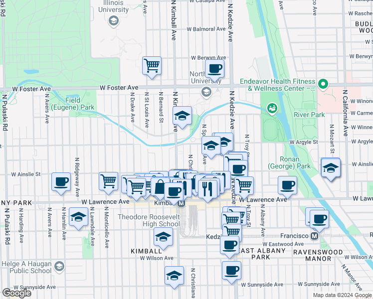 map of restaurants, bars, coffee shops, grocery stores, and more near 4944 North Christiana Avenue in Chicago