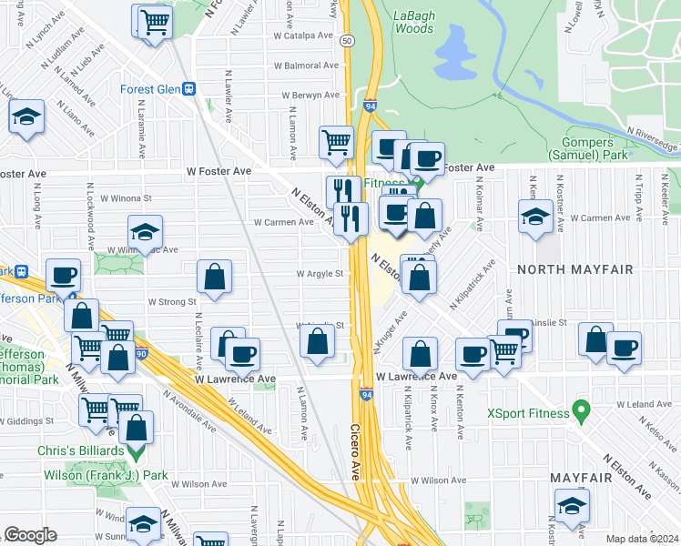 map of restaurants, bars, coffee shops, grocery stores, and more near West Argyle Street in Chicago