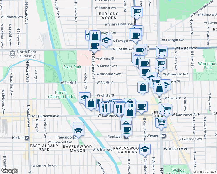 map of restaurants, bars, coffee shops, grocery stores, and more near 4930 North Washtenaw Avenue in Chicago