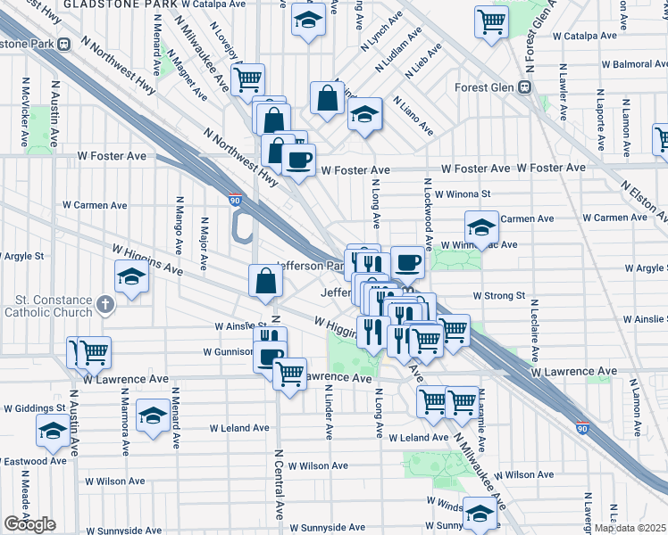 map of restaurants, bars, coffee shops, grocery stores, and more near Kennedy Expressway in Chicago