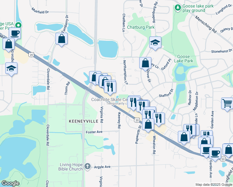 map of restaurants, bars, coffee shops, grocery stores, and more near 1360 Lake Street in Roselle