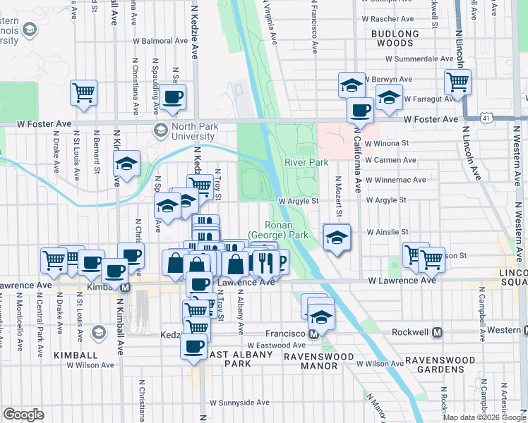 map of restaurants, bars, coffee shops, grocery stores, and more near 4947 North Whipple Street in Chicago