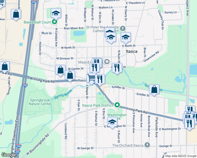 map of restaurants, bars, coffee shops, grocery stores, and more near 127 North Walnut Street in Itasca