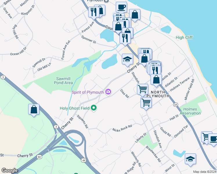 map of restaurants, bars, coffee shops, grocery stores, and more near 62 South Cherry Street in Plymouth