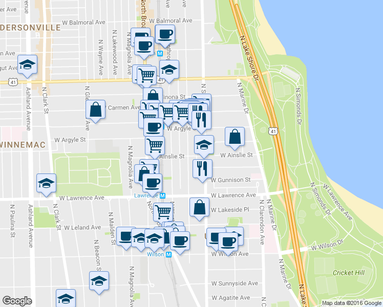 map of restaurants, bars, coffee shops, grocery stores, and more near 1111 West Ainslie Street in Chicago