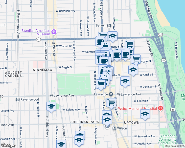 map of restaurants, bars, coffee shops, grocery stores, and more near 4886 North Magnolia Avenue in Chicago
