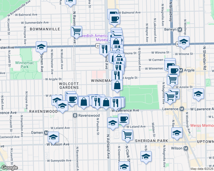 map of restaurants, bars, coffee shops, grocery stores, and more near 1605 West Ainslie Street in Chicago
