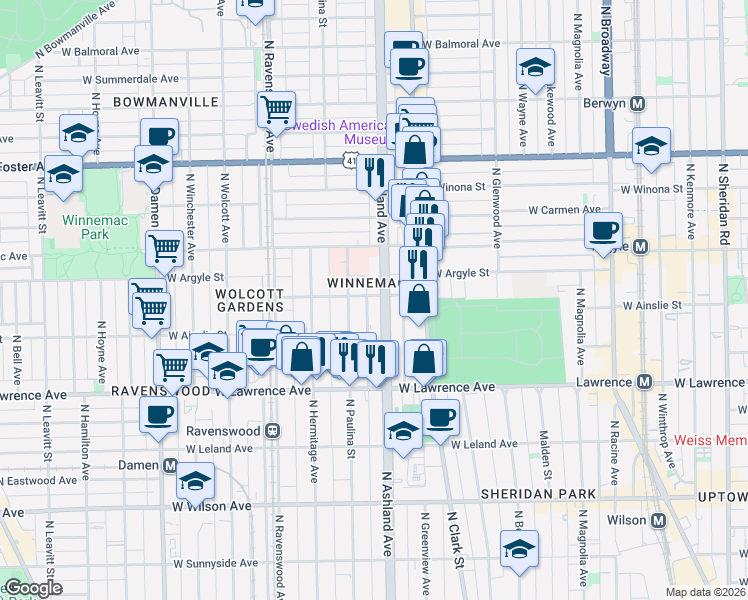 map of restaurants, bars, coffee shops, grocery stores, and more near 4891 North Paulina Street in Chicago