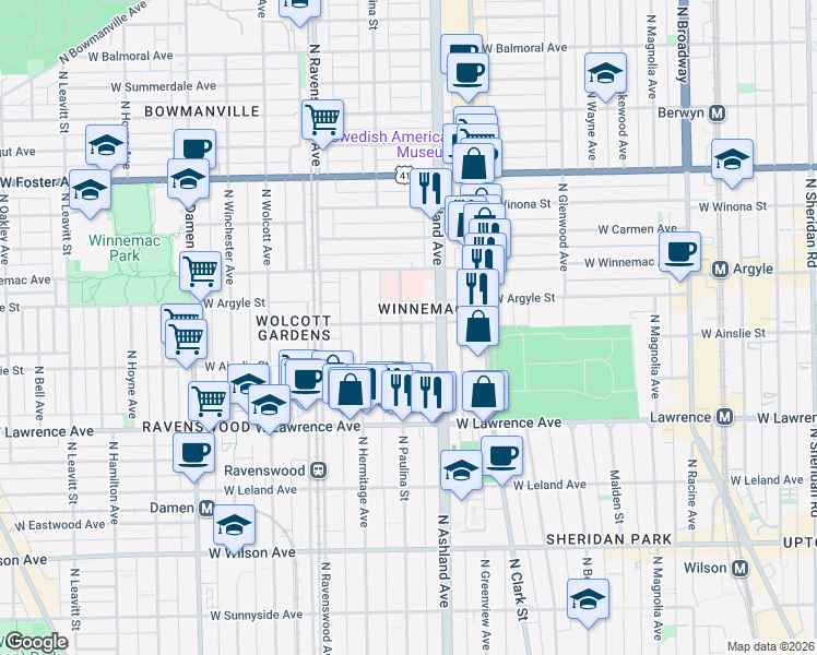 map of restaurants, bars, coffee shops, grocery stores, and more near 4891 North Paulina Street in Chicago
