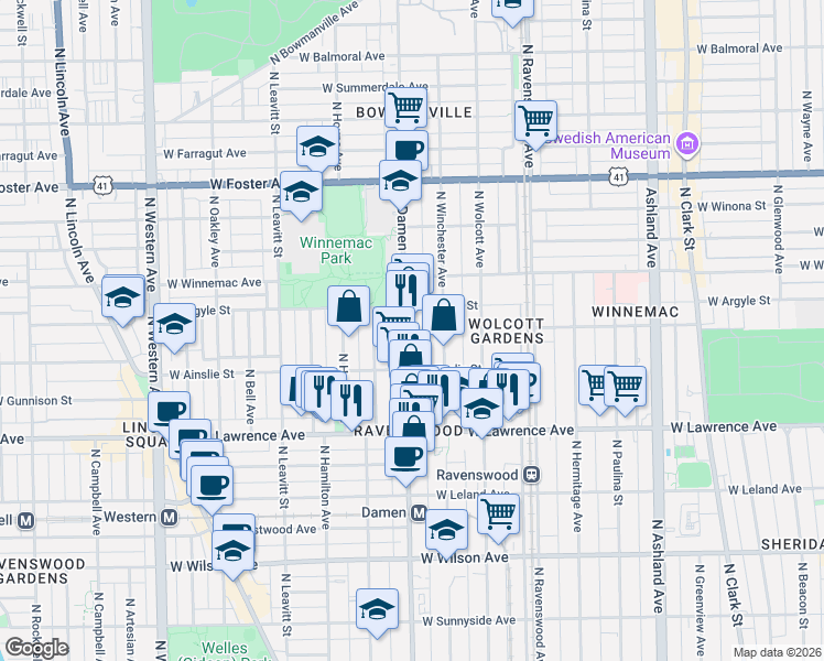 map of restaurants, bars, coffee shops, grocery stores, and more near 4928 North Damen Avenue in Chicago