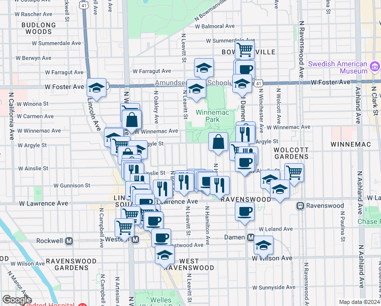 map of restaurants, bars, coffee shops, grocery stores, and more near 4931 North Leavitt Street in Chicago