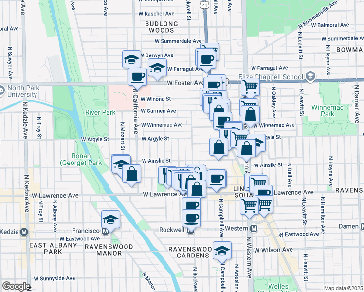 map of restaurants, bars, coffee shops, grocery stores, and more near 4926 North Rockwell Street in Chicago