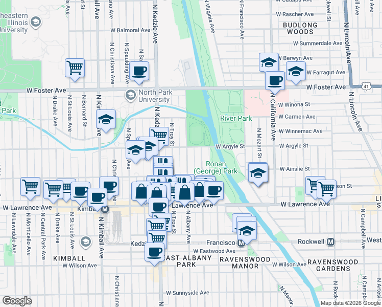 map of restaurants, bars, coffee shops, grocery stores, and more near 4940 North Albany Avenue in Chicago