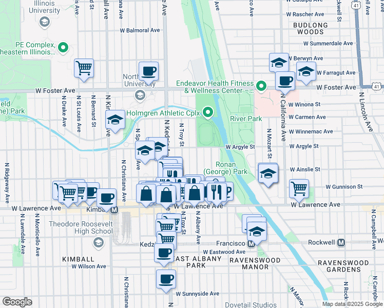 map of restaurants, bars, coffee shops, grocery stores, and more near 4940 North Albany Avenue in Chicago