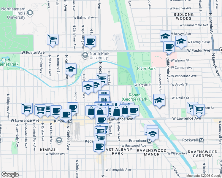map of restaurants, bars, coffee shops, grocery stores, and more near 4940 North Albany Avenue in Chicago