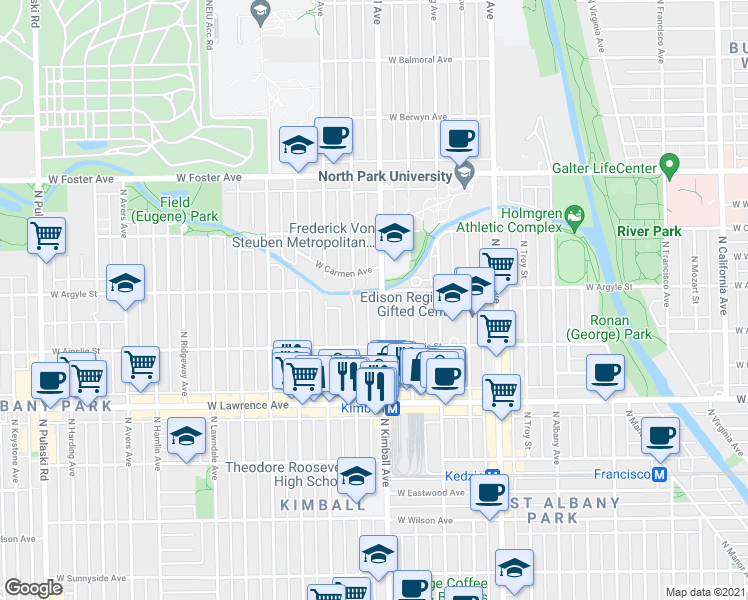 map of restaurants, bars, coffee shops, grocery stores, and more near 4940 North Kimball Avenue in Chicago