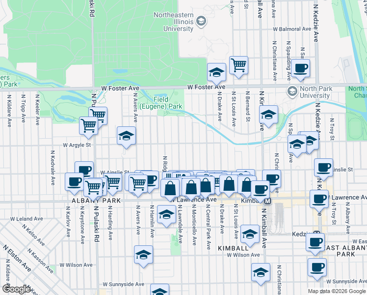 map of restaurants, bars, coffee shops, grocery stores, and more near 4946 North Monticello Avenue in Chicago