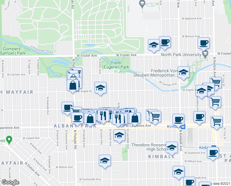 map of restaurants, bars, coffee shops, grocery stores, and more near 4947 North Hamlin Avenue in Chicago