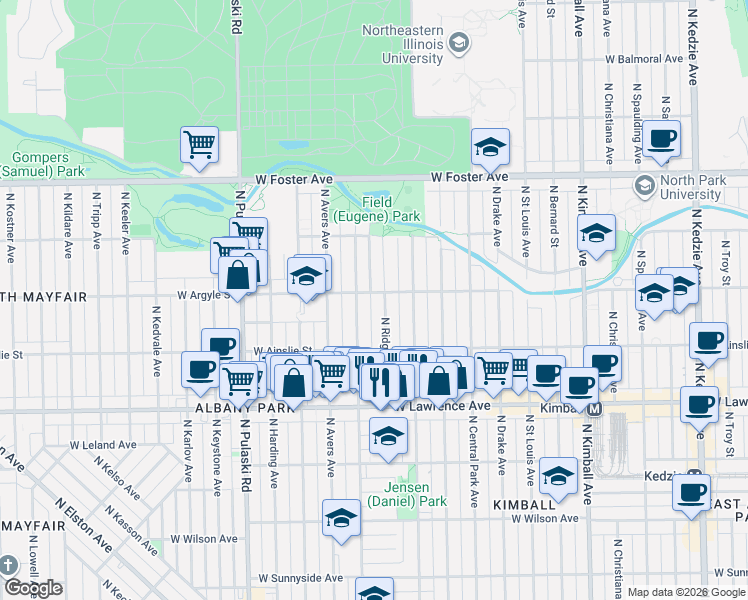 map of restaurants, bars, coffee shops, grocery stores, and more near 4947 North Hamlin Avenue in Chicago