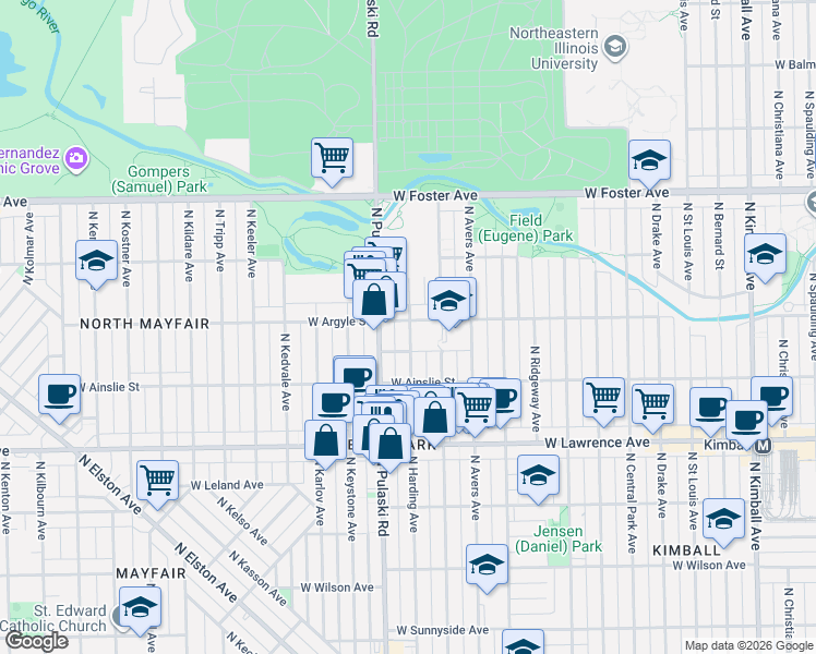 map of restaurants, bars, coffee shops, grocery stores, and more near 4949 North Pulaski Road in Chicago