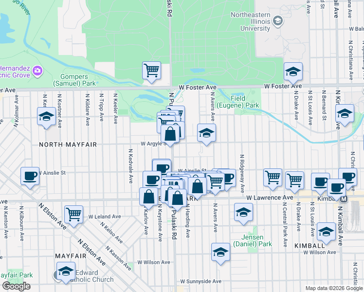map of restaurants, bars, coffee shops, grocery stores, and more near 4949 North Pulaski Road in Chicago