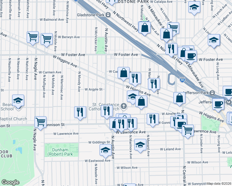 map of restaurants, bars, coffee shops, grocery stores, and more near 4939 North Mason Avenue in Chicago