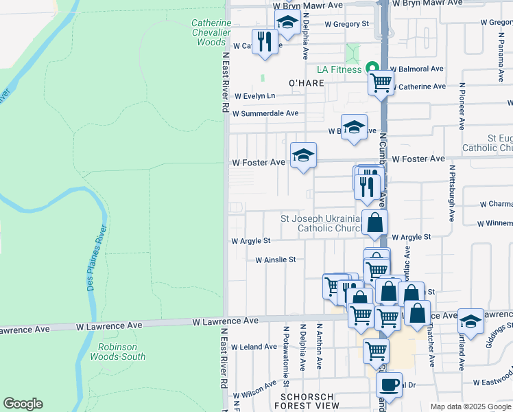 map of restaurants, bars, coffee shops, grocery stores, and more near 5040 North Knight Avenue in Norridge